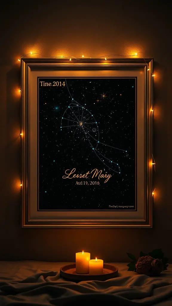 27 Thoughtful Engagement Gifts Your Friends Will Love 3 A framed custom star map illuminated by fairy lights, showcasing the stars on a specific date.