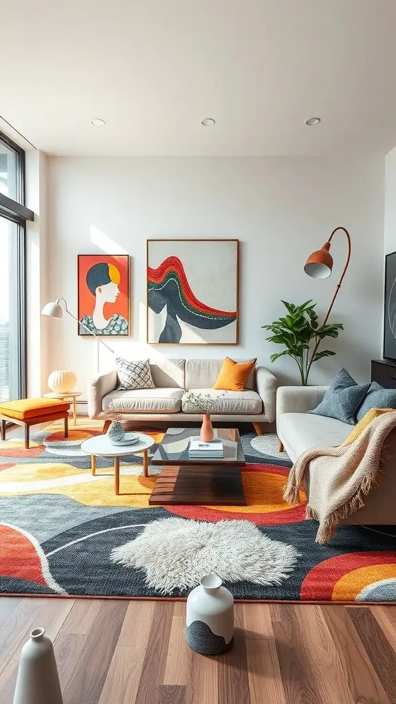 29+ Stylish Living Room Area Rug Ideas to Transform Your Space 4 A modern living room featuring an artistic area rug with bold colors and abstract patterns.
