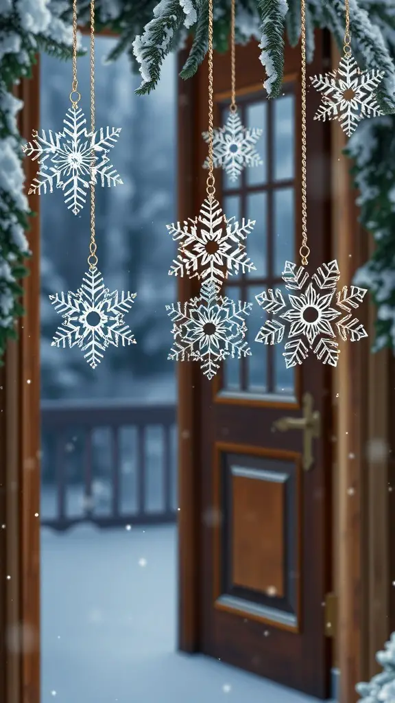 Hanging snowflake ornaments in front of a wooden door with a snowy background