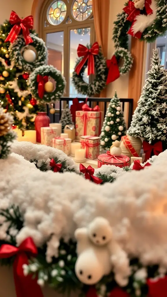 A cozy Christmas decor scene featuring faux snow, wreaths, and festive gifts.