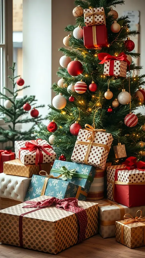 A decorated Yule tree with colorful presents underneath.