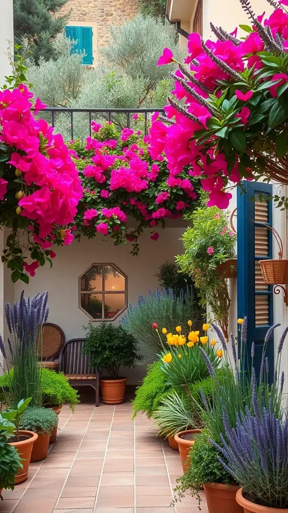 25+ Stunning Mediterranean Terrace Ideas for Your Home 2 A Mediterranean terrace filled with vibrant flowers and greenery.