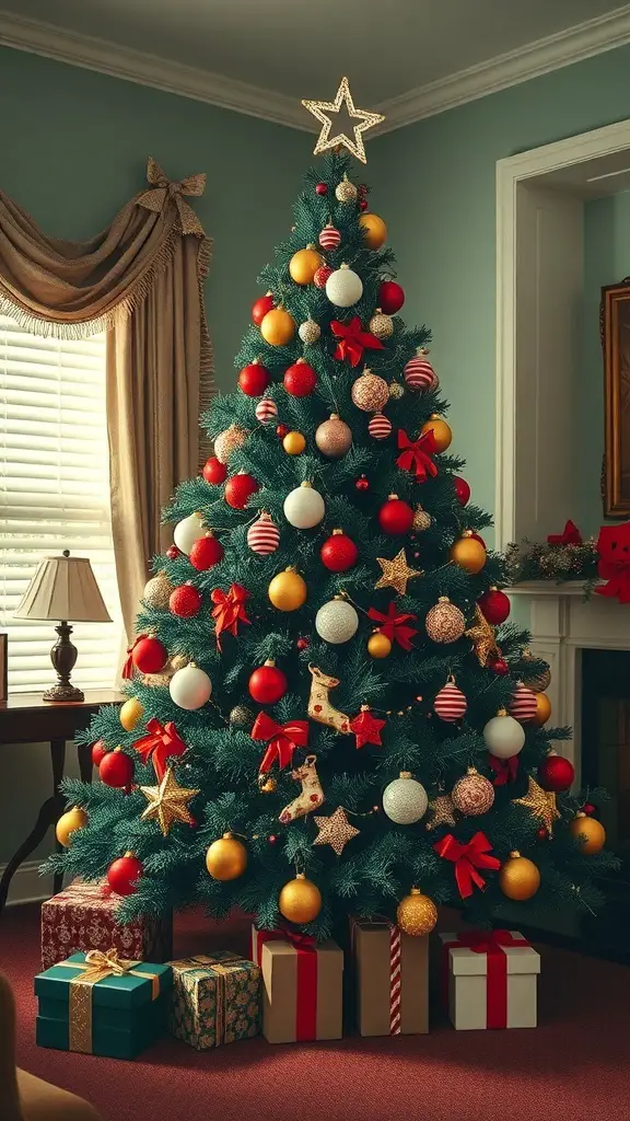 A beautifully decorated Christmas tree with colorful ornaments and presents underneath.