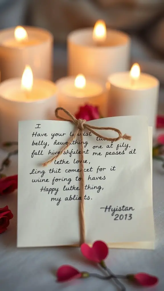 31+ Thoughtful Anniversary Gift Ideas for Every Couple 8 A handwritten love letter tied with twine, surrounded by candles and rose petals.