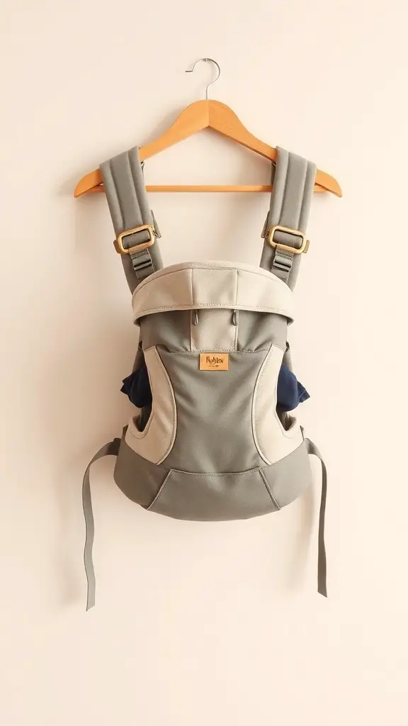 A stylish baby carrier hanging on a wooden hanger.