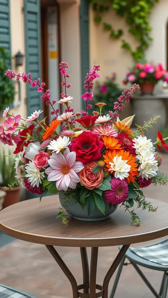 27+ Stunning Italian Terrace Ideas for Your Outdoor Escape 16 A vibrant floral arrangement on a table in an Italian terrace setting, featuring various colorful flowers.