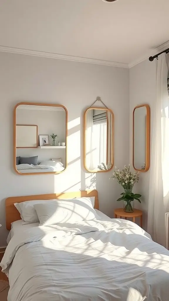 25+ Creative Tiny Guest Bedroom Ideas for a Cozy Space 3 A cozy guest bedroom featuring multiple mirrors that enhance the sense of space.