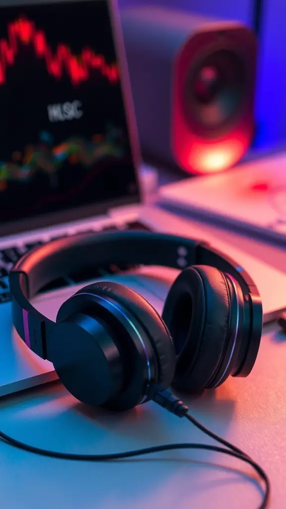 23+ Unique 2 Year Anniversary Gifts for Him 6 A pair of sleek headphones next to a laptop with colorful lighting