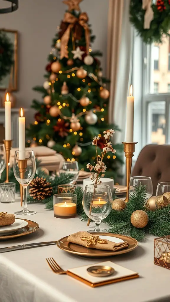 A beautifully arranged table setting featuring brown and gold elements, with a decorated Christmas tree in the background.