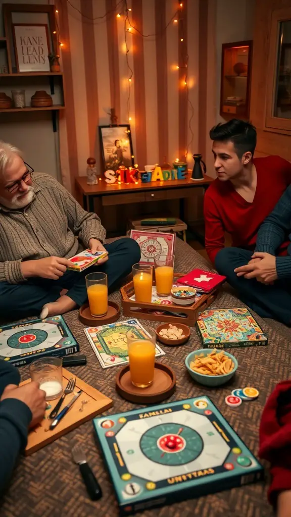 27 Thoughtful Engagement Gifts Your Friends Will Love 16 A cozy board game night setup with friends, featuring colorful game boards, snacks, and drinks.