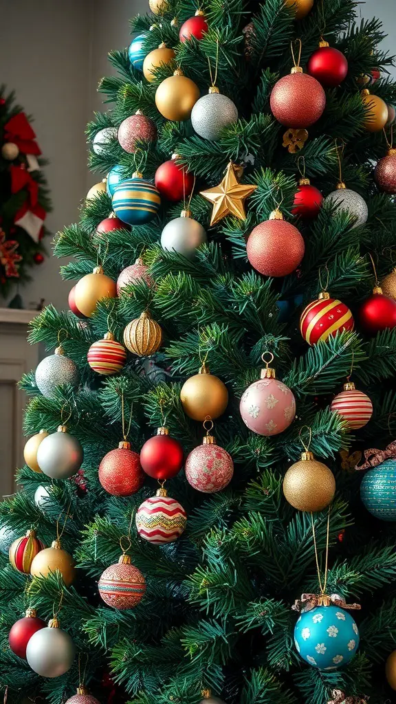 A Christmas tree decorated with a variety of colorful ornaments, showcasing a maximalist style.