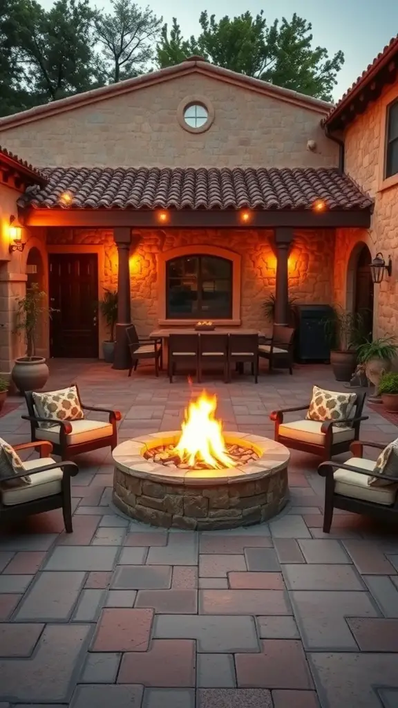 29+ Stunning Tuscan Patio Ideas for Your Outdoor Oasis 8 A cozy fire pit area with stone seating and warm lighting in a Tuscan patio.