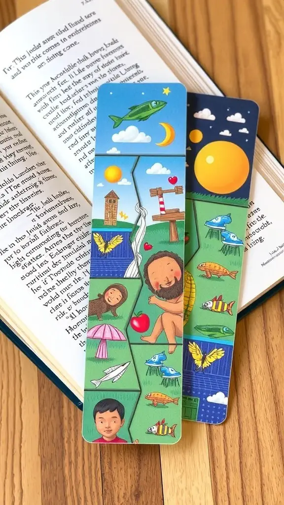 31+ Creative Bookmark Design Ideas You’ll Love 15 A colorful illustration of a child exploring nature with trees and books around.