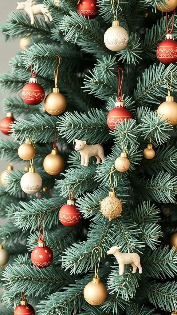 A sage green Christmas tree decorated with red and gold ornaments and wooden animal figures.