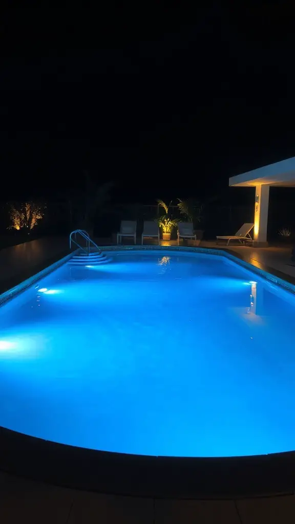A private pool at night with blue lighting and surrounding plants.