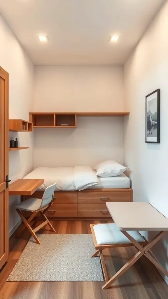 27+ Creative Small Rectangular Bedroom Ideas to Maximize Space 5 Small rectangular bedroom with multi-functional furniture including a bed, desk, and shelves.