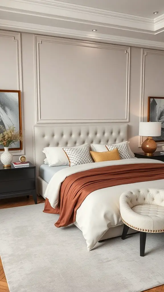 A stylish king bed with neutral tones, featuring a plush headboard, layered bedding, and decorative accents.