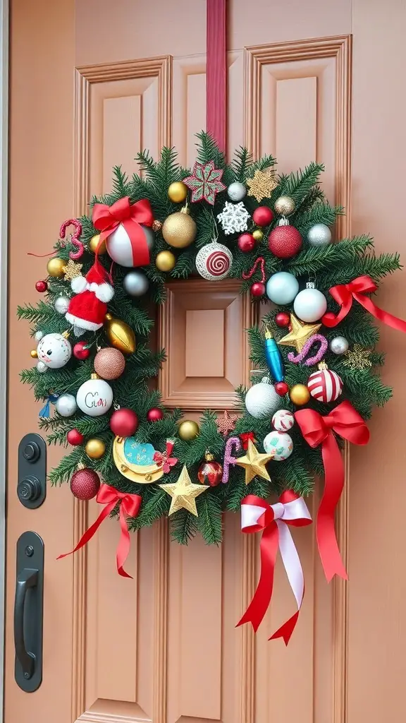 A colorful and whimsical Christmas wreath adorned with ornaments, ribbons, and a Santa hat.