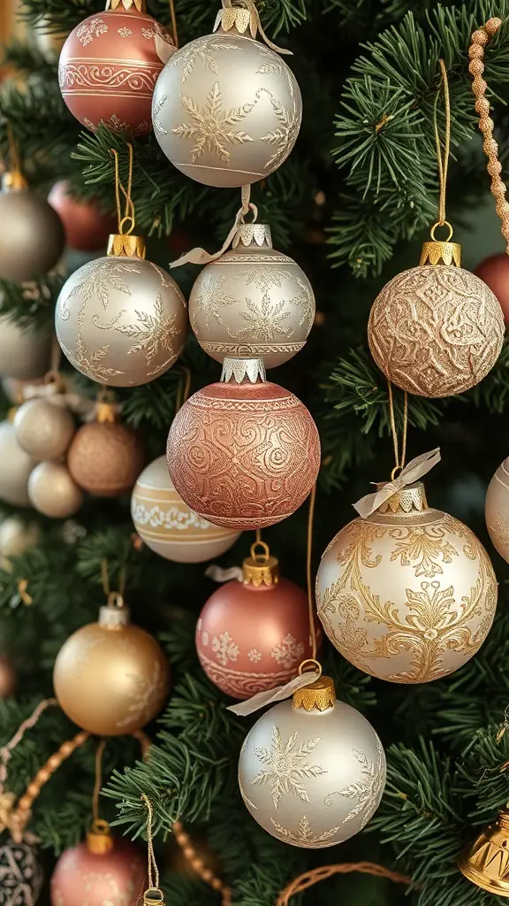 A collection of vintage style Christmas ornaments in gold, silver, and red, hanging on a Christmas tree.