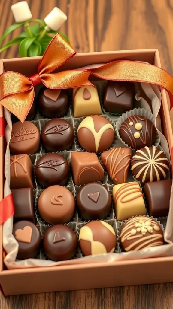 A gourmet chocolate box filled with assorted chocolates, beautifully arranged with a ribbon.