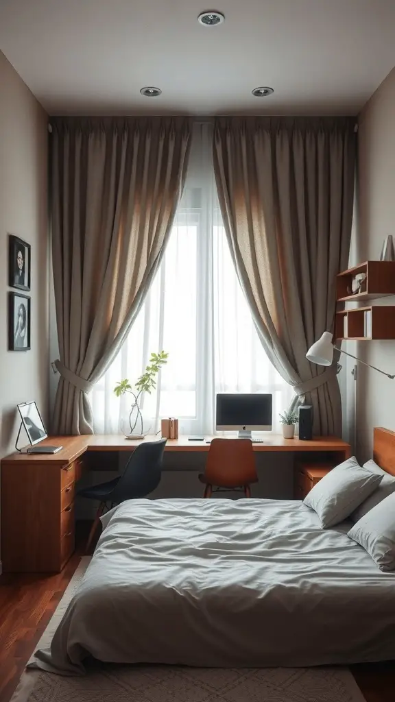 35+ Cozy Tiny Bedroom Ideas for Couples: Maximize Your Space Together 10 A cozy bedroom with curtains framing a window, creating a warm and inviting atmosphere.