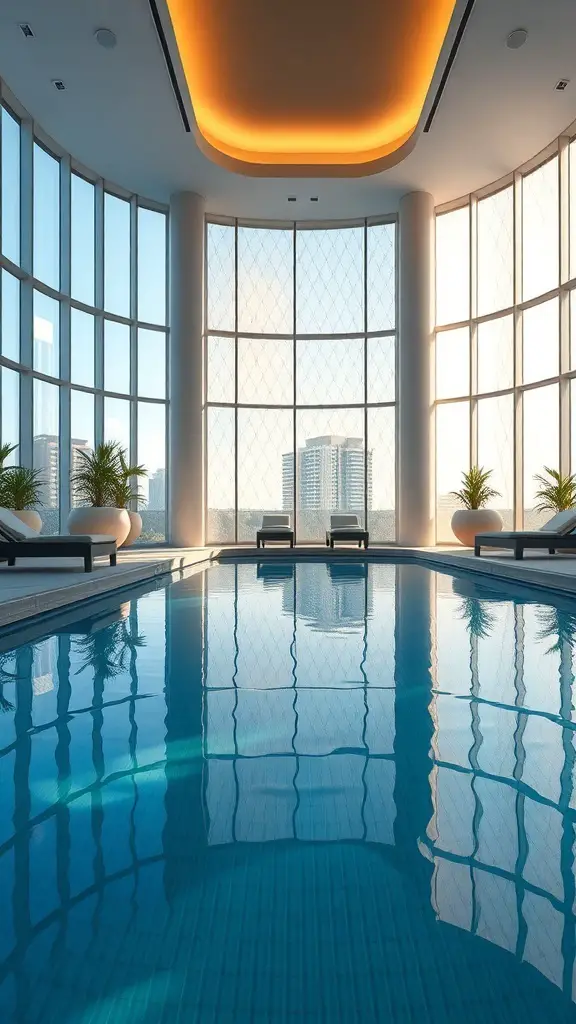 A modern indoor pool with large windows and lounge chairs