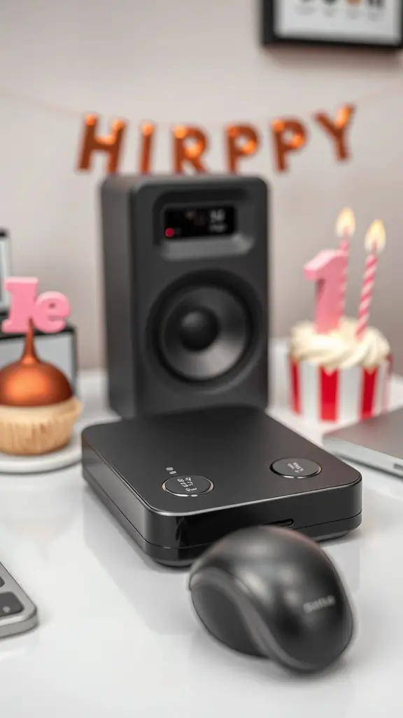 A stylish tech setup featuring a speaker, wireless mouse, and a multifunctional device.