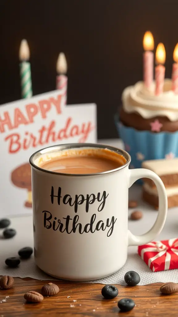 A white mug with 'Happy Birthday' text, surrounded by a birthday cake, candles, and coffee beans.
