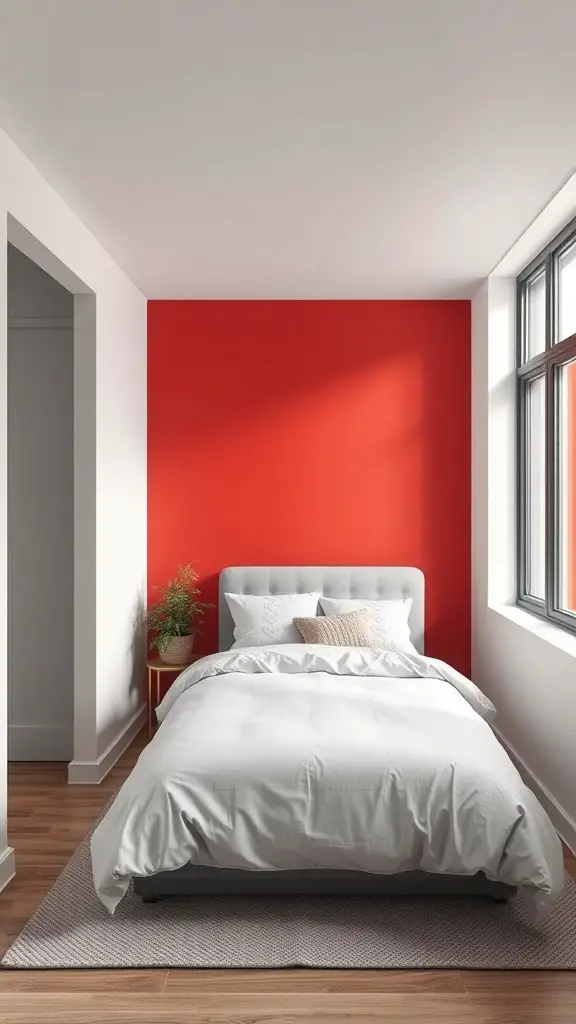 31+ Genius Narrow Bedroom Ideas to Maximize Space 12 Narrow bedroom with a bold red accent wall and light bedding.