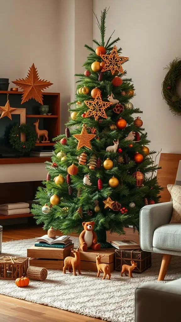 A beautifully decorated Christmas tree with woodland-themed decorations, including wooden ornaments and small animal figures.