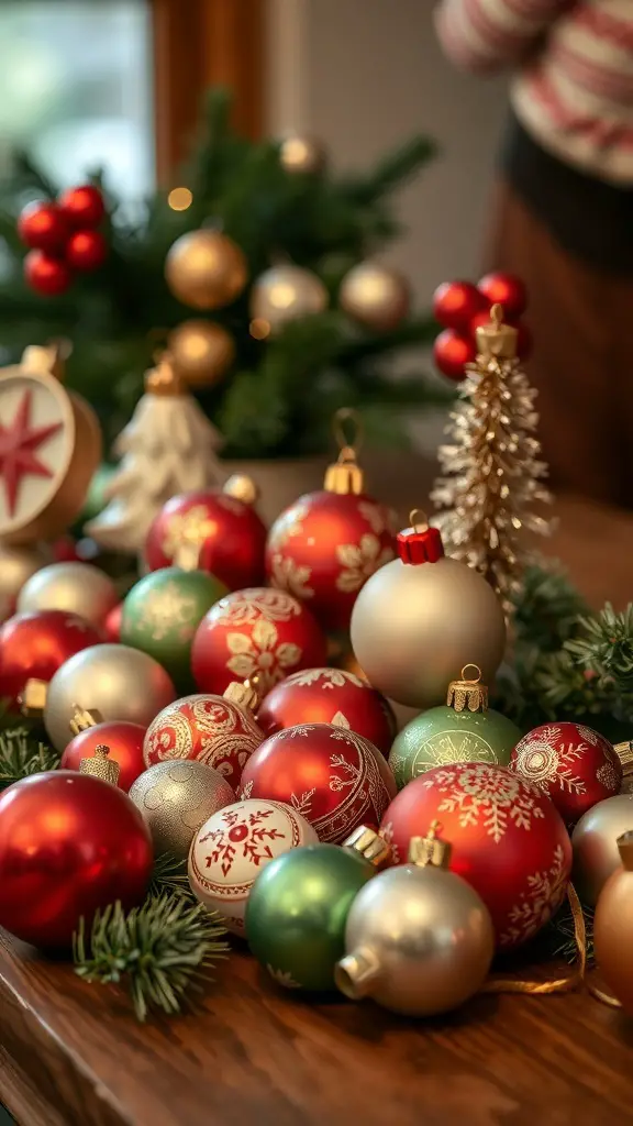 A collection of vintage Christmas ornaments in red, green, and gold, displayed on a wooden table.