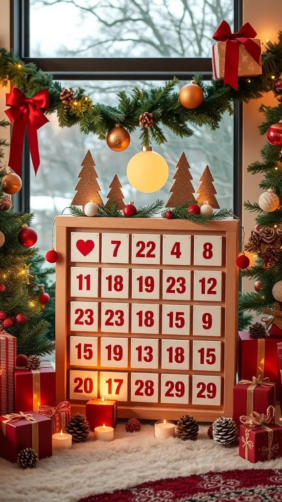 A modern advent calendar with a wooden frame and red numbers, surrounded by festive decorations.