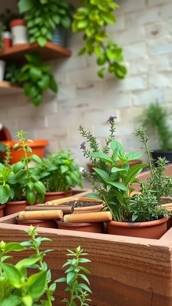 25+ Stunning Spanish Garden Hacienda Style Ideas to Transform Your Outdoor Space 11 A vibrant herb garden with various herbs in terracotta pots, showcasing a Spanish garden hacienda style.