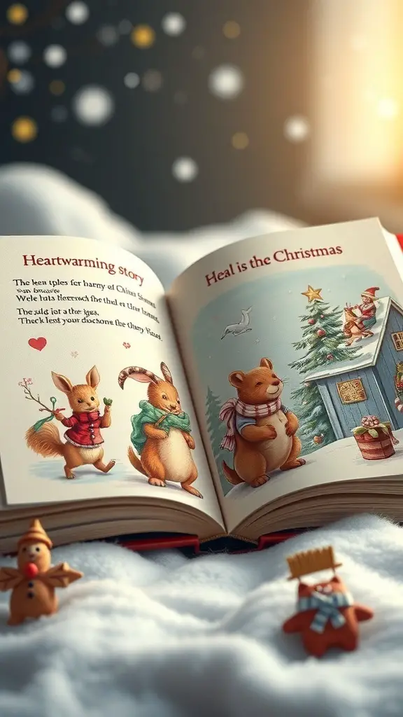 An open storybook featuring furry characters celebrating Christmas with a decorated tree and snowflakes.