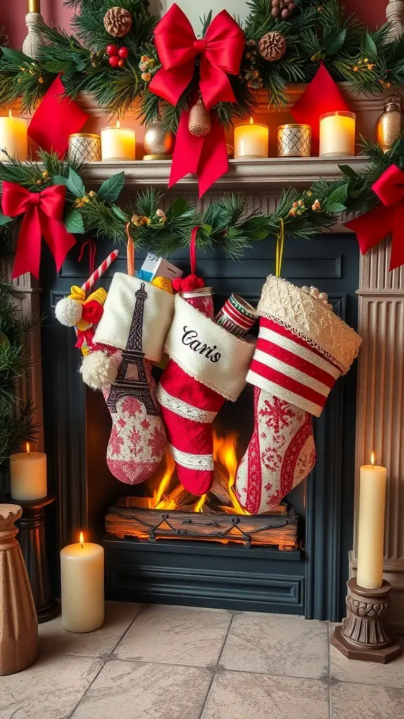 A cozy fireplace decorated with Parisian-themed stockings, candles, and greenery.