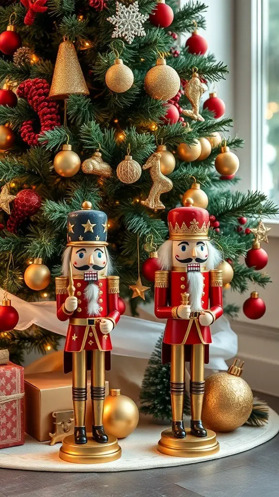 Gold nutcracker figures beside a beautifully decorated Christmas tree