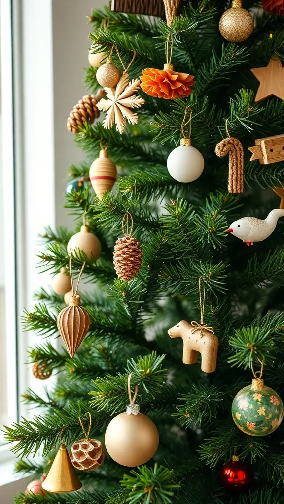 A green and brown Christmas tree decorated with natural ornaments like pine cones and wooden figures.