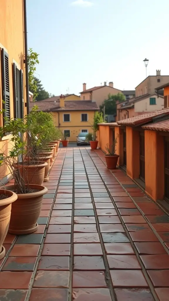 27+ Stunning Italian Terrace Ideas for Your Outdoor Escape 6 A picturesque Italian terrace featuring terracotta tiles and potted plants.