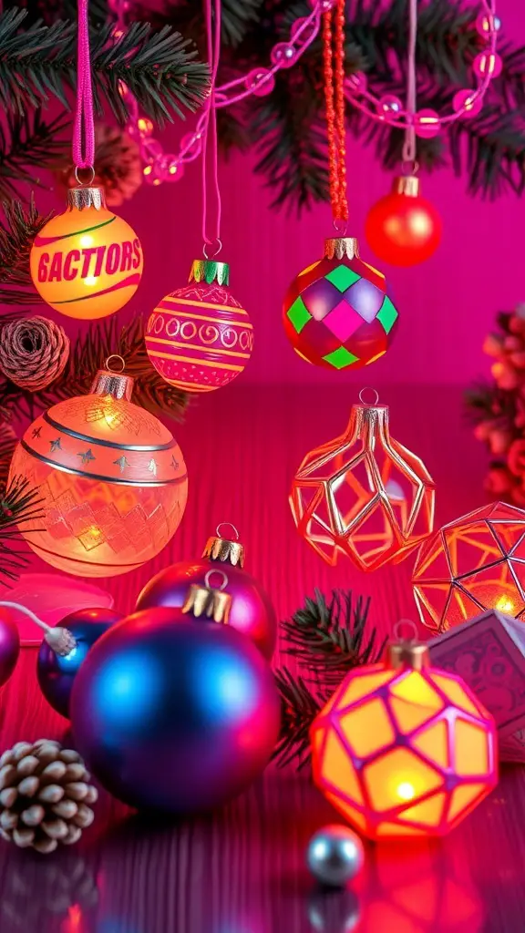 Colorful 80s-inspired Christmas ornaments hanging on a tree