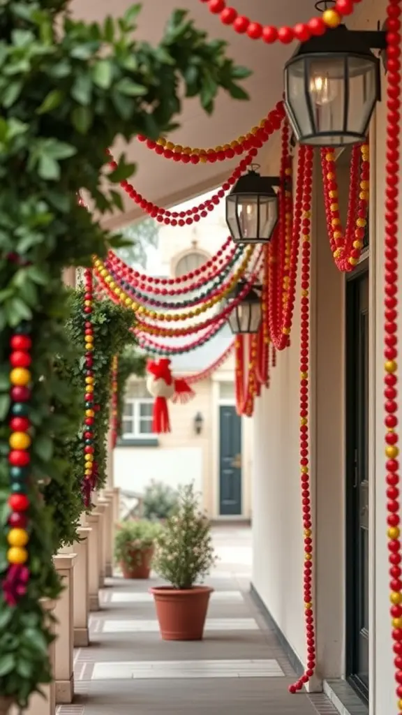 Colorful beaded garlands hanging in a decorated hallway