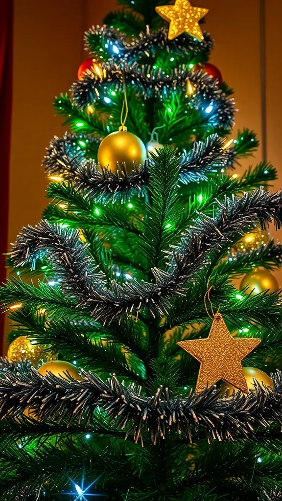 A colorful 80s Christmas tree with tinsel, ornaments, and lights.
