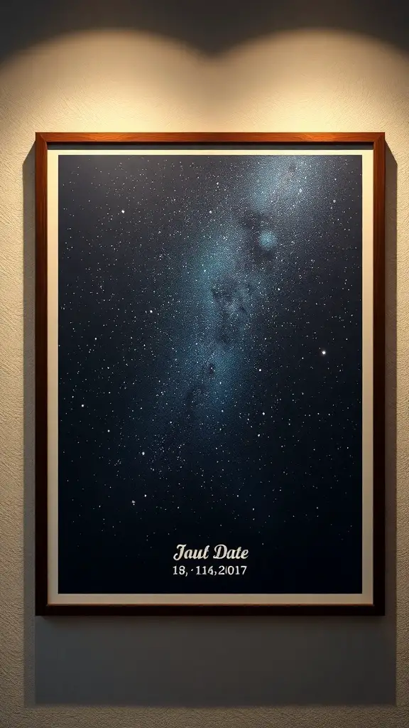 25+ Thoughtful Anniversary Gifts for Her 9 Custom star map depicting the night sky on a specific date, framed and displayed.