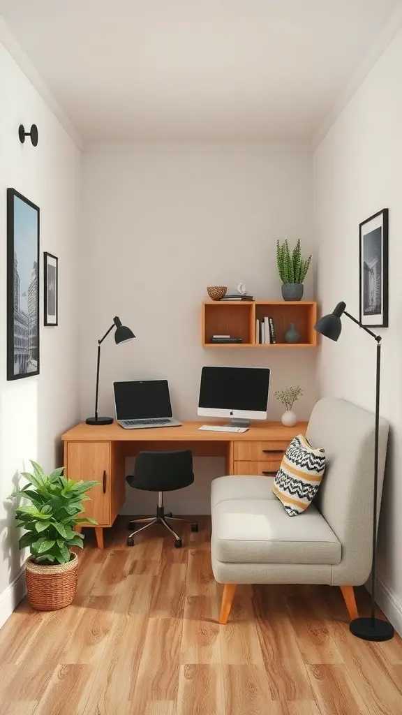 29+ Budget-Friendly Small Room Ideas to Maximize Space 3 A small corner office with a desk, two monitors, a chair, and plants.