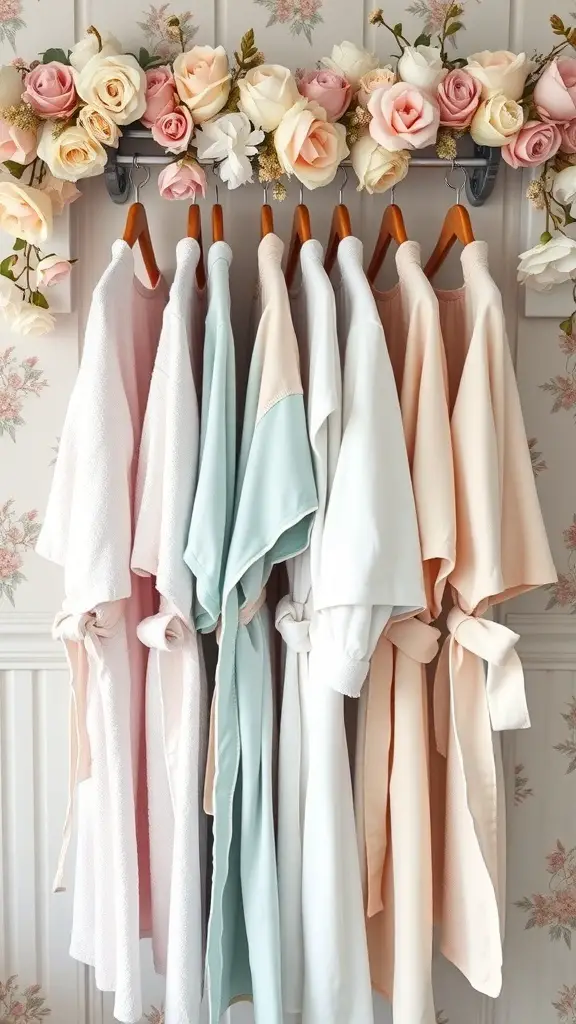 15 Unique Bridesmaid Gift Ideas to Show Your Appreciation 4 A collection of pastel-colored custom robes hanging on a rack, adorned with flowers.