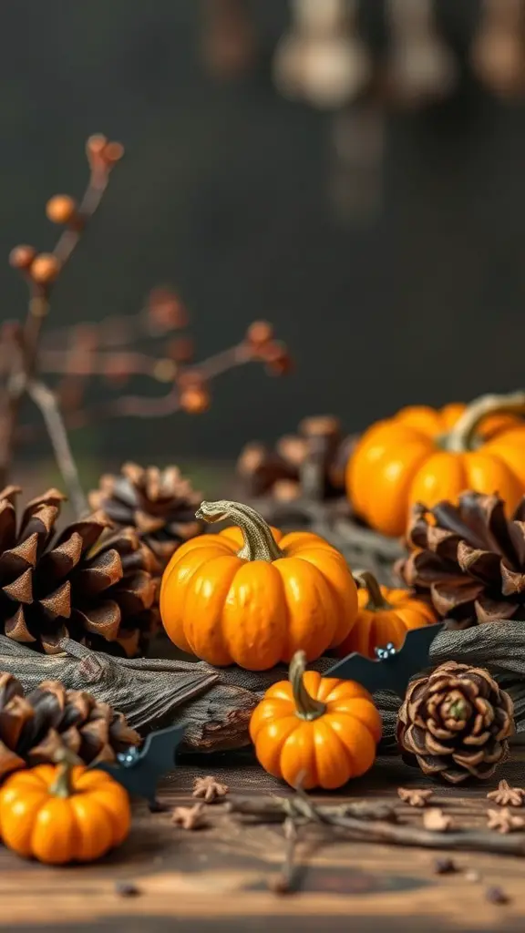A collection of small orange pumpkins and pinecones arranged with decorative bats and twigs.