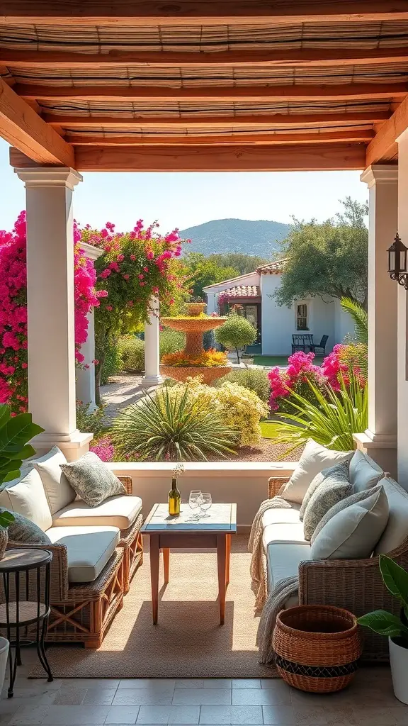 27+ Stunning Greek Garden Ideas for a Mediterranean Oasis 10 Cozy outdoor seating area with comfortable sofas, a small table, and lush greenery
