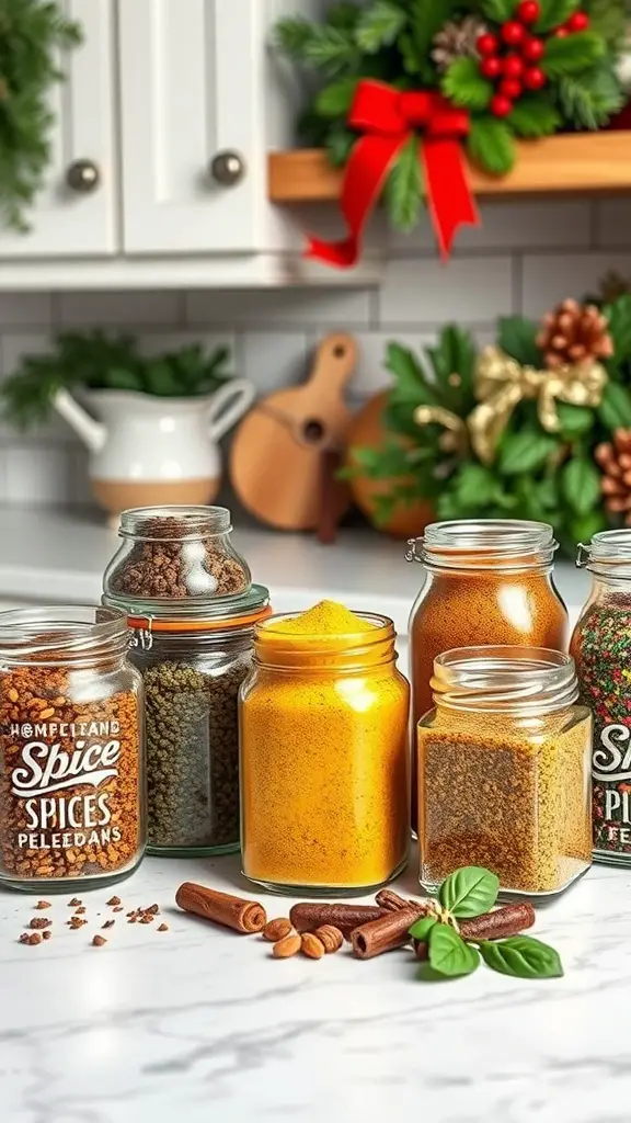 A collection of jars filled with various homemade spice blends, set against a festive kitchen backdrop.