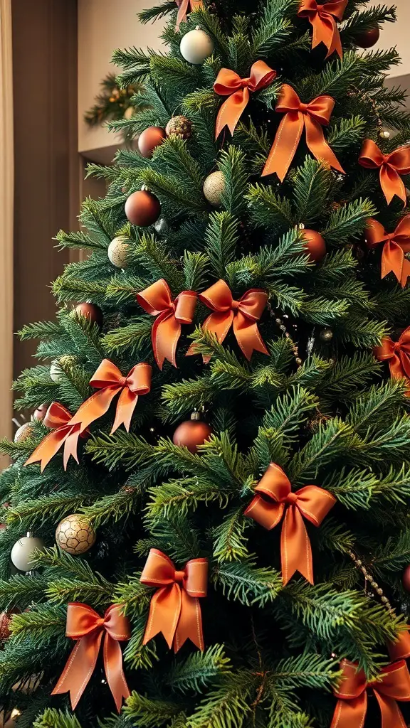 A beautifully decorated Christmas tree with green branches, brown ornaments, and orange bows.