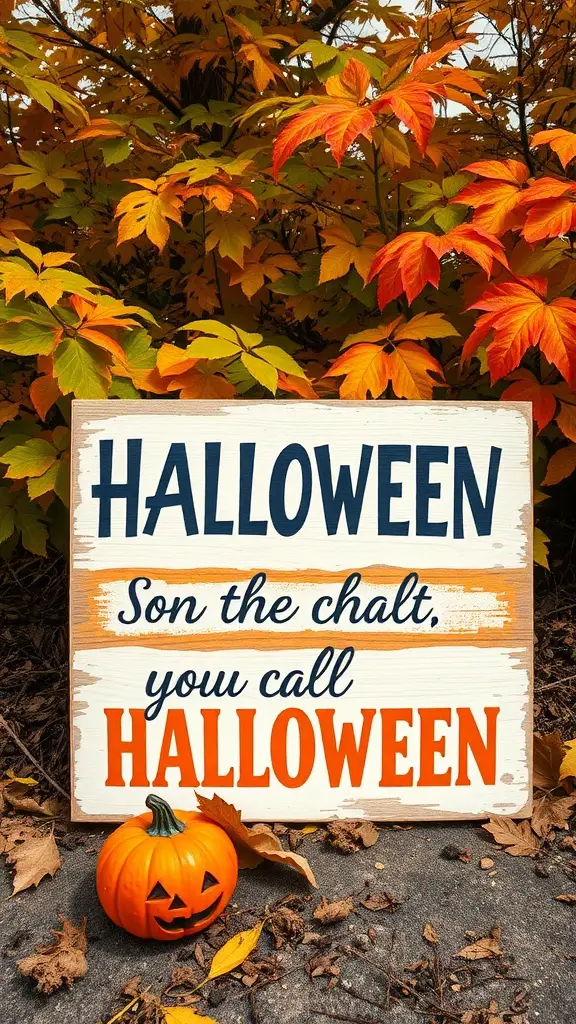 A rustic wooden sign with Halloween quotes surrounded by autumn leaves and a small pumpkin.