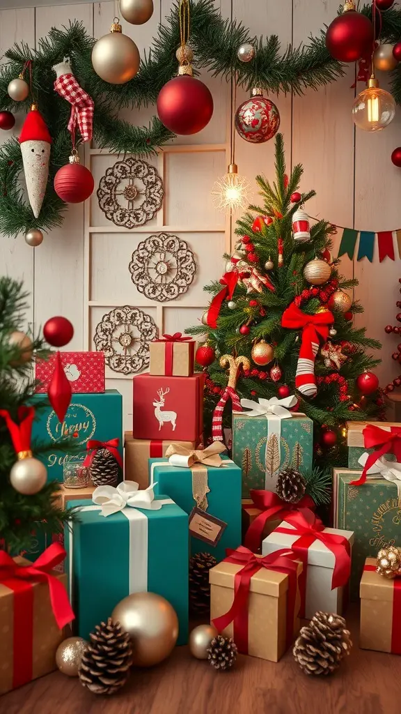 A cozy corner decorated with vintage glam Christmas decor featuring a tree, gifts, and ornaments.